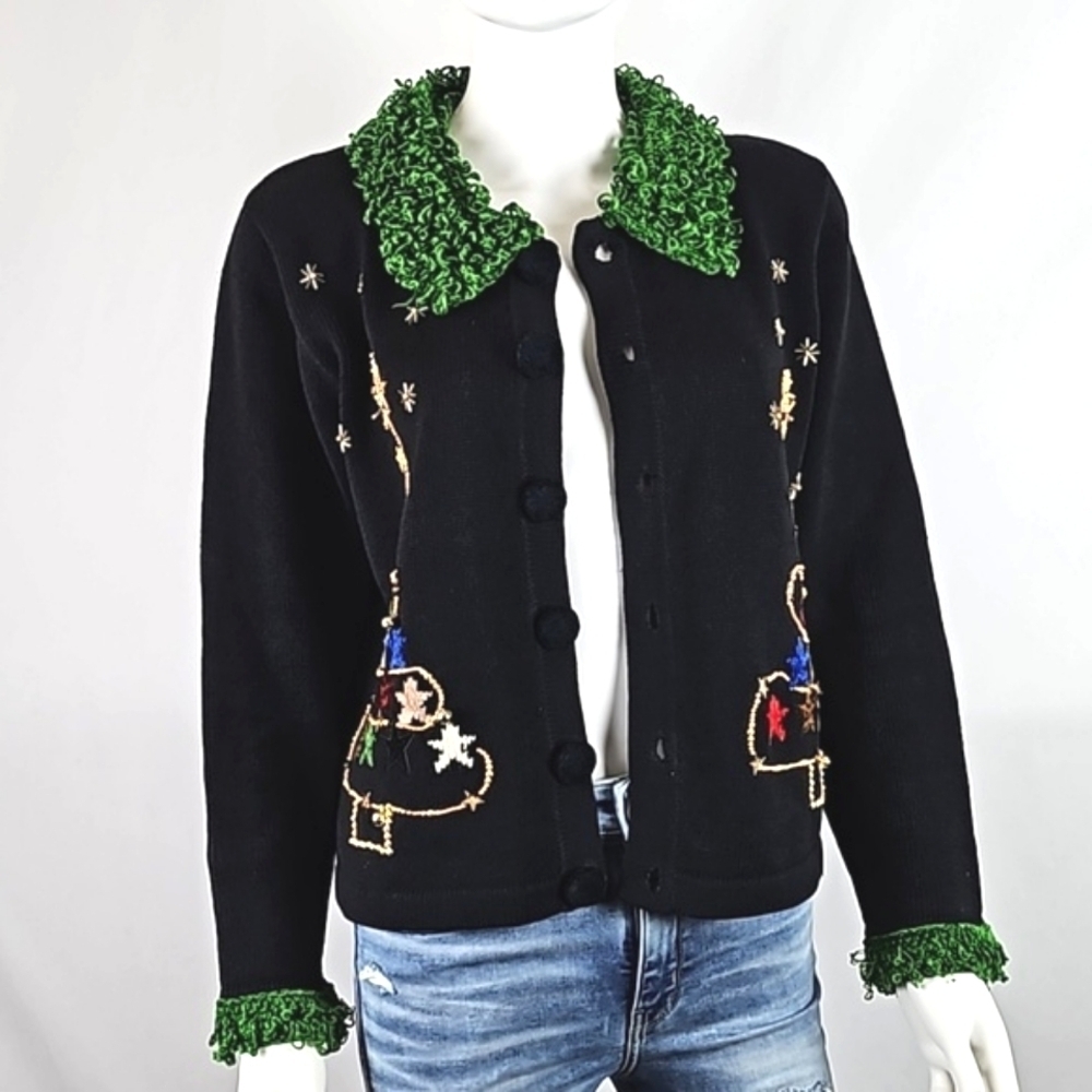 Vintage Berek Black Button Front Beaded Christmas Tree Cardigan Sweater - Picture 14 of 16
